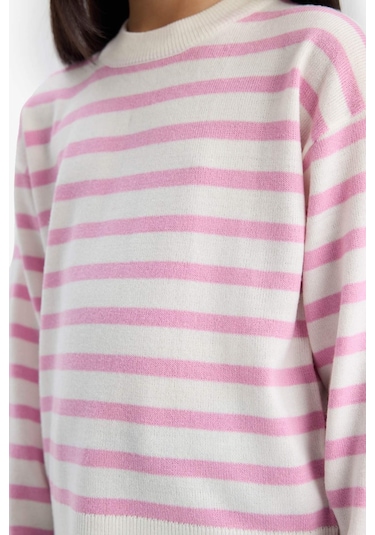 Defacto Kız Çocuk Standart Fit Bisiklet Yaka Çizgili Kazak C6903a825aupn444 Pembe