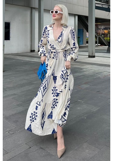 Madmext Beyaz Desenli Kruvaze Yaka Uzun Kadın Elbise Mg2052-beyaz