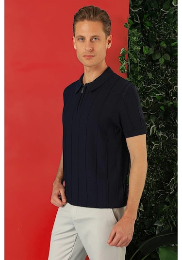 Slim Fit Fermuarlı Polo Yaka Kısa Kol Lacivert Triko Tr 865 Lacivert