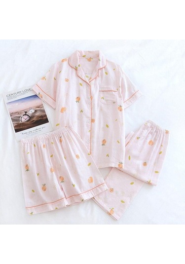 Pamuklu Pijama Kadın 3 Adet Set Baskılı Moda Saf Pamuk Çift Katmanlı Gazlı Bez Şort/uzun Pantolon Pijama Açık Pembe Pamuklu Pijama Kadın 3 Adet Set Baskılı Moda Saf Pamuk Çift Katmanlı Gazlı Bez Şort/uzun Pantolon Pijama Açık Pembe