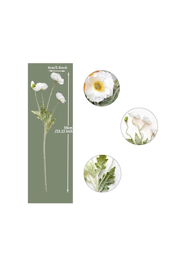 Yapay Çiçek Gelincik Çiçeği Beyaz Renk 3 Çiçek 1 Tomurcuk 59cm