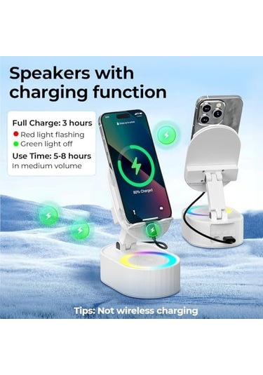 Moveevo Beyaz 300 Katlanabilir Bluetooth Hoparlör - Kablosuz Ses, Telefon Tutucu, 3000mah Acil Şarj, Renkli Ambiyans Işığı