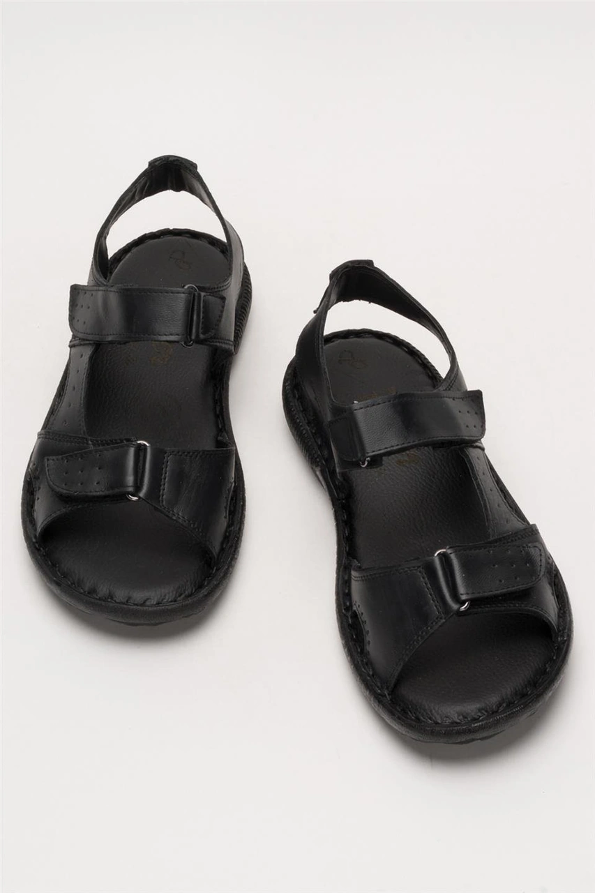 Erkek İçi Dışı Hakiki Deri Ortopetik Yazlık Esnek Ve Çok Hafif Günlük Ayakkabı Sandalet Siyah Siyah