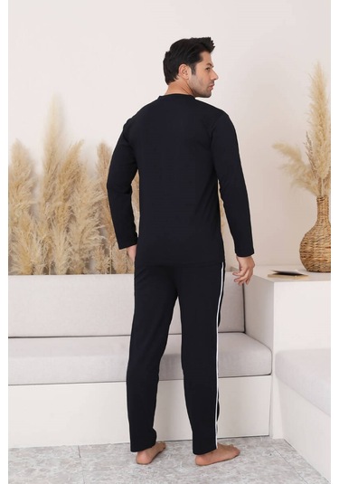 Erkek Siyah V Yaka %100 Pamuk Mevsimlik Uzun Kol Pijama Takımı-siyah Cepli Eşofman Takımı Siyah