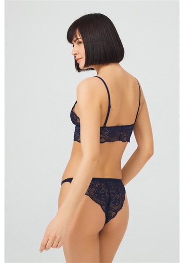 Lacivert Dantelli Transparan Balensiz Kadın Sütyen Takımı Lacivert