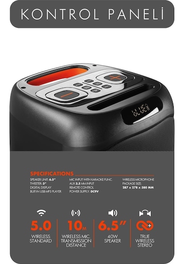 Powerway MIO Taşınabilir Mikrofonlu 40 W Parti Karaoke Kumandalı Bluetooth Hoparlör Led Işıklı