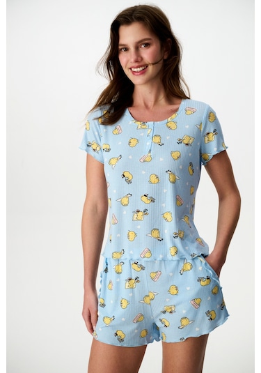 Penti Açık Mavi Happine Rib Şortlu Pijama Takımı Açık Mavi