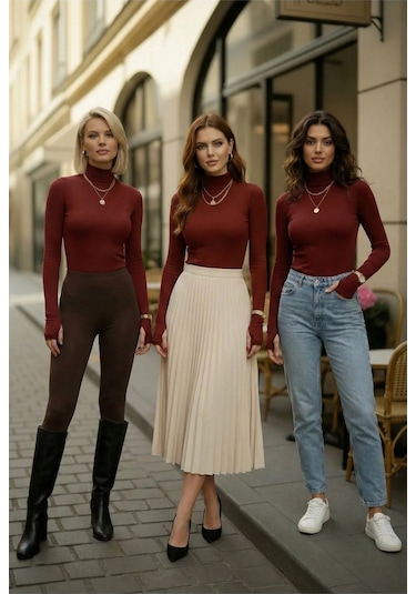 3 Lü Parmak Geçmeli Kadın Body Seti Bordo
