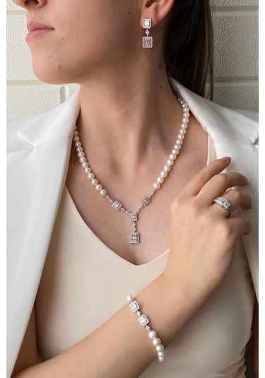 7,5 Mm Kadın Baget Taşlı Doğal İnci Küpe Kolye Bileklik Yüzük Dörtlü Set 8 Gümüş