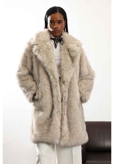 Bej Midi Boy Şal Yaka Kürk D99773 Bej