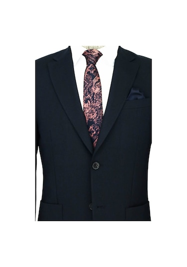 Kendinden Desenli Slim Fit Sivri Yaka Lacivert Erkek Ceket 001