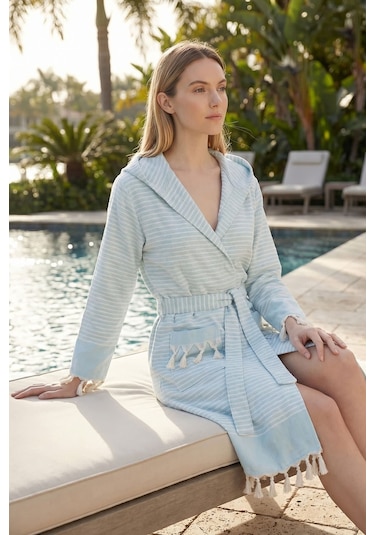 Kapşonlu Unisex Peştemal Plaj Bornozu %100 Pamuklu Seaside Stripe Turkuaz