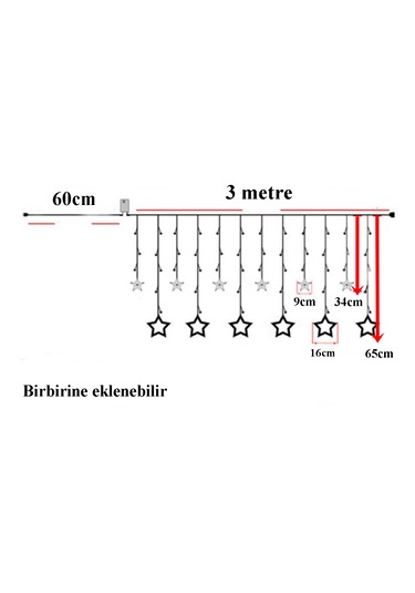 Yıldız Perde Led Günışığı Renk 12 Sarkıt 108 Ledli 3 Metre Günışığı