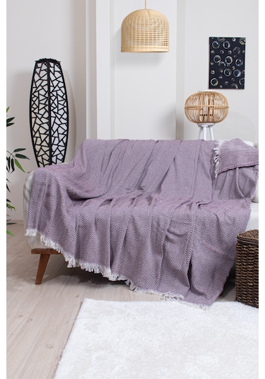 Pamuklu Zikzak Desenli Püsküllü Koltuk Örtüsü 170x210 Cm Dekoratif Ve Çok Amaçlı Bordo