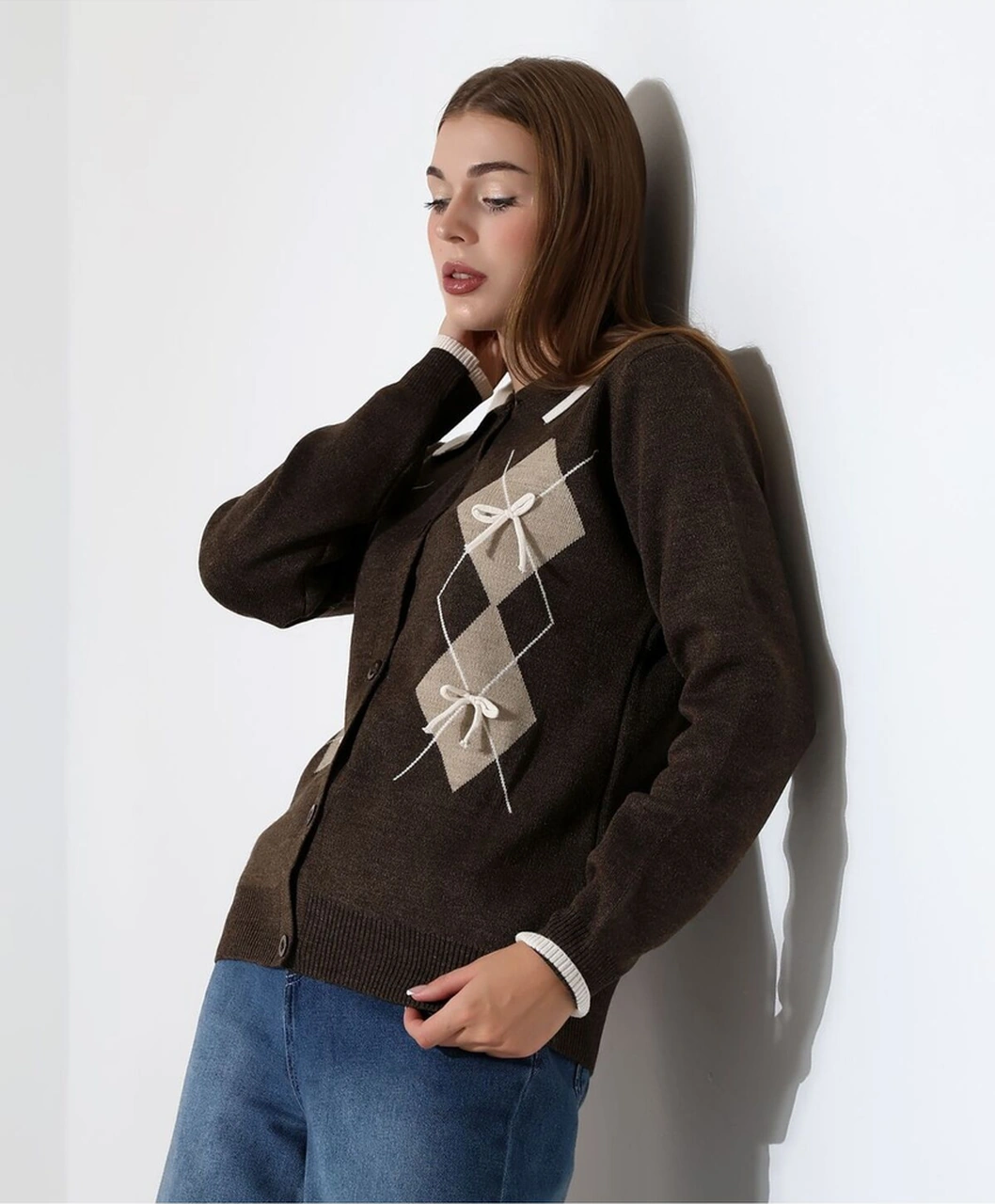 Baklava Desen Polo Yaka Kadın Kazak Kahverengi