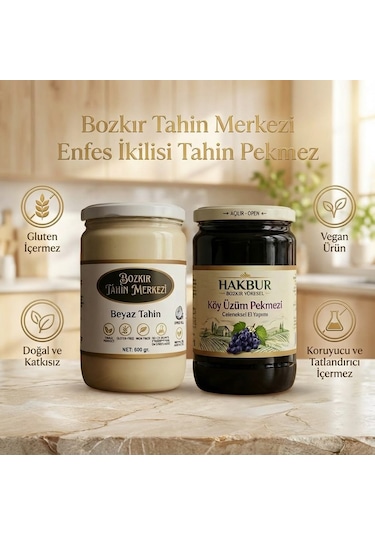 Bozkır Tahin Merkezi Enfes İkili Beyaz Tahin 600 Gr - Köy Üzüm Pekmezi 800 Gr Doğal&katkısız