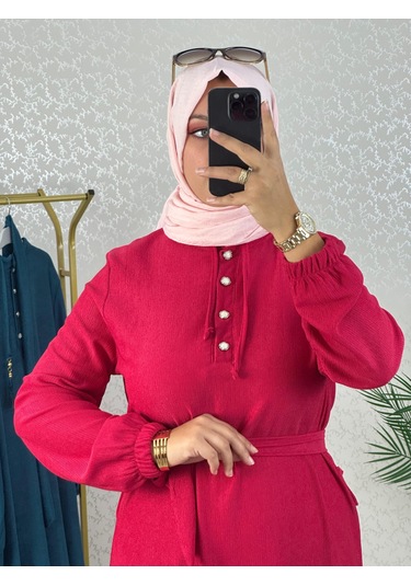 Kadın Kırmızı Karin Aerobin Kumaş Yarım Ön Düğmeli Püskül Bağcık Kuşaklı Tesettür Elbise Kırmızı