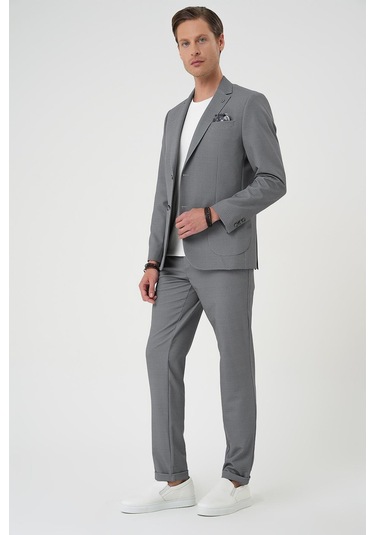 Comfort Fit Mono Yaka Çift Yırtmaç Torba Cep Kendinden Desenli Casual Siyah Ceket C 705 Siyah