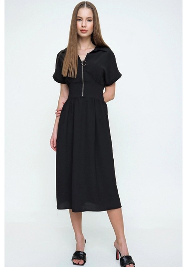 Kadın Siyah Fermuarlı Beli Büzgülü Airobin Polo Yaka Elbise Maksi Boy Uzun Rahat Ve Günlük Siyah