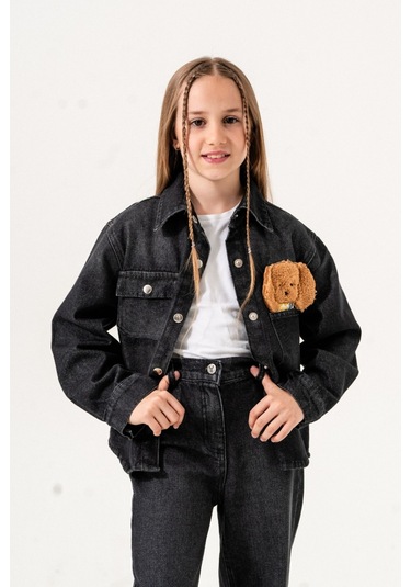 Kız Çocuk Köpek Nakışlı Kot Gömlek 3137 Siyah