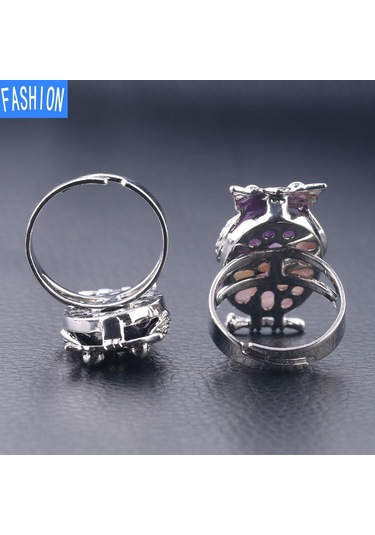 Siyah Akik Metal Baykuş Dışbükey Doğal Kristal Kakma Ayarlanabilir Yüzük Çok Renkli