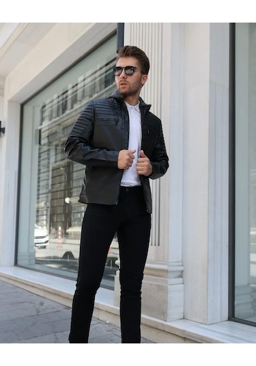 Erkek Kapüşonlu Siyah Deri Mont 001