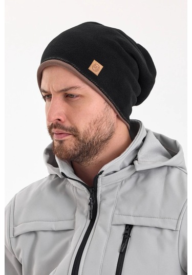 Erkek Siyah Polar Dış, Kahve Pamuklu Iç Kısım, Çift Renk Çift Katmanlı Katlanabilir Yumuşak Bere - Standart / Siyah-kahverengi Siyah-kahverengi