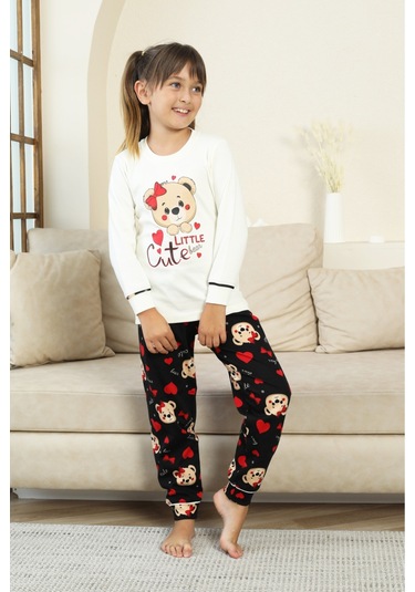 Kız Çocuk Ayıcık Baskılı %100 Pamuk İnterlok Kumaş Pijama Takımı 12347 Ekru