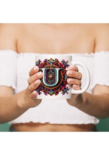 U Harfi Boho Bardak, Renkli Özel Tasarım Hediyelik Harfli Kupa, 330ml Porselen Beyaz