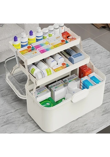 Xuweiwei 1 Adet Beyaz 3 Katlı Taşınabilir İlaç Organizer Kutusu Elle Tutma Kolu Çoklu Bölümlü Plastik Kapaklı Ev Tıbbi Depolama Kutusu Altın