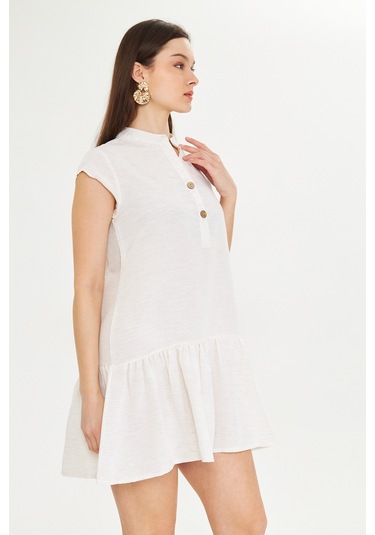 Ekru Keten Mini Elbise Beyaz