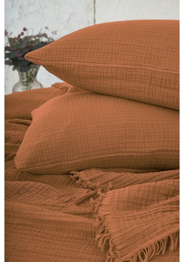 %100 Pamuk Çift Kişilik Müslin Yatak Örtüsü 4 Katlı Yumuşak Battaniye Müslin Pike Takımı 3 Parça Turuncu Turuncu