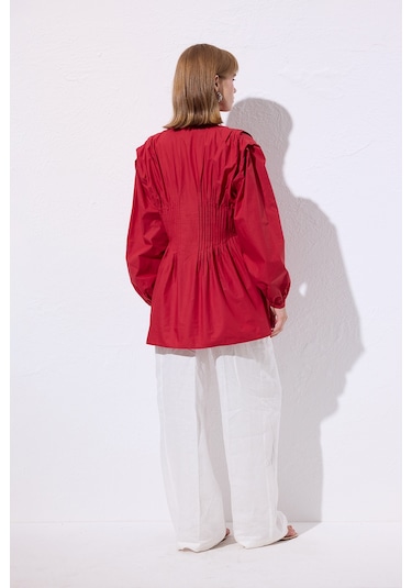 Beli Pile Detaylı Uzun Kol Bluz Kırmızı Kırmızı
