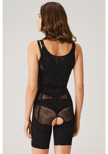 Toparlayıcı Vücut İnceltici Dikişli Fermuarlı Uzun Paca Altı Açık Sıkı Badi Korse Siyah