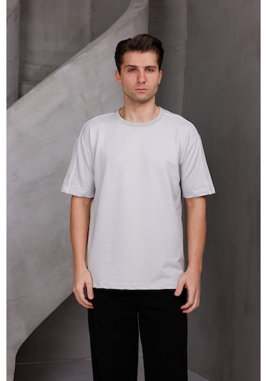 Erkek Şeritli Oversize Bisiklet Yaka 2 İki İplik Kompakt T-shirt Ekru