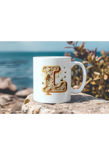 L Harfi Bal Arısı Tasarım Kupa Bardak - Bal Ve Petek Desenli Kişiye Özel Kahve Kupası - Hediyelik Beyaz