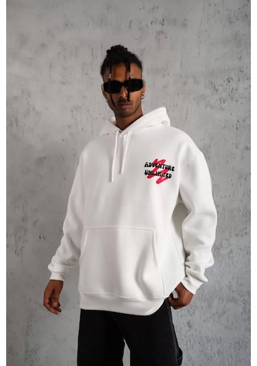 Erkek Şapkalı Güvercin Baskılı Kapşonlu Sweat - Beyaz Beyaz