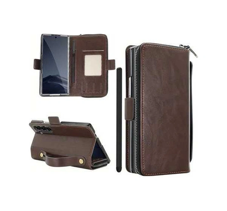 Trendooze Galaxy Z Fold 7 Kahverengi Faux Leather Cüzdan Kart Yuvalı El Kayışlı Kalemli Ekran Koruyucu