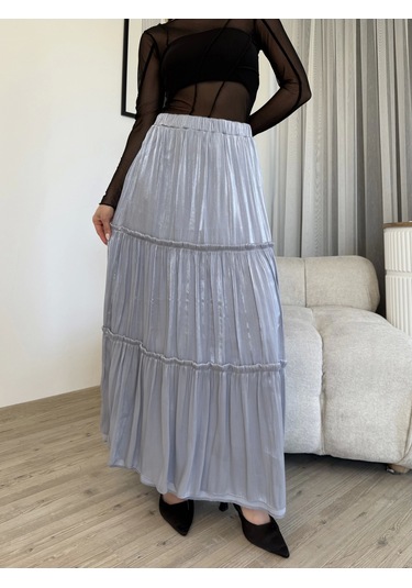 Büzgü Detaylı Beli Lastikli Etek 6005-gri Gri