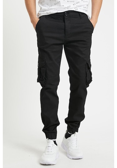 Slim Fit Körüklü Cep Paça Lastikli Esnek Kumaş Erkek Kargo Pantolon Siyah