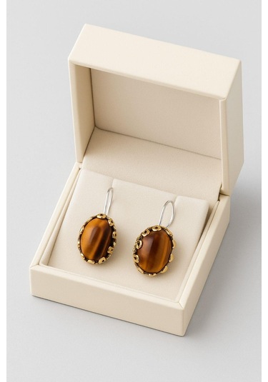 Lale Serisi El İşi Kahverengi Kaplangözü Taşlı Gümüş Kadın Küpe Gümüş