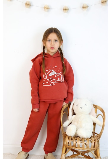 3 İp Baskılı Kapüşonlu Şardonlu İkili Takım Kiremit