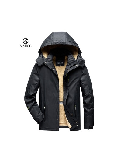 Sonbahar Ve Kış Peluş Kalın Sıcak Günlük Kapüşonlu Çok Cepli Erkek Ceketi Siyah