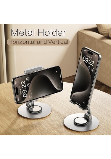 Gri Vaorlo Katlanabilir 360 Metal Tutucu Telefon Standı iPhone Uyumlu 15pro İpad İpod 90 Ayarlanabilir Sabit Telefon Tutucu Canlı Ofis İçin