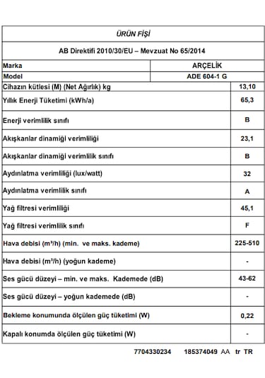 Arçelik ADE 604-1 G Ankastre Duvar Tipi Davlumbaz