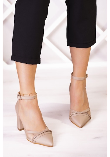 Molly Ten Saten Taşlı Fileli Kalın Topuklu Ayakkabı