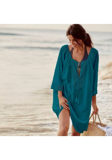 Springsun Büyük Beden Gergin Olmayan Pamuk Pudra Kumaş Güneş Korumalı Plaj Örtüsü Kadın Tatil Giyimi Göl Mavisi Diğer