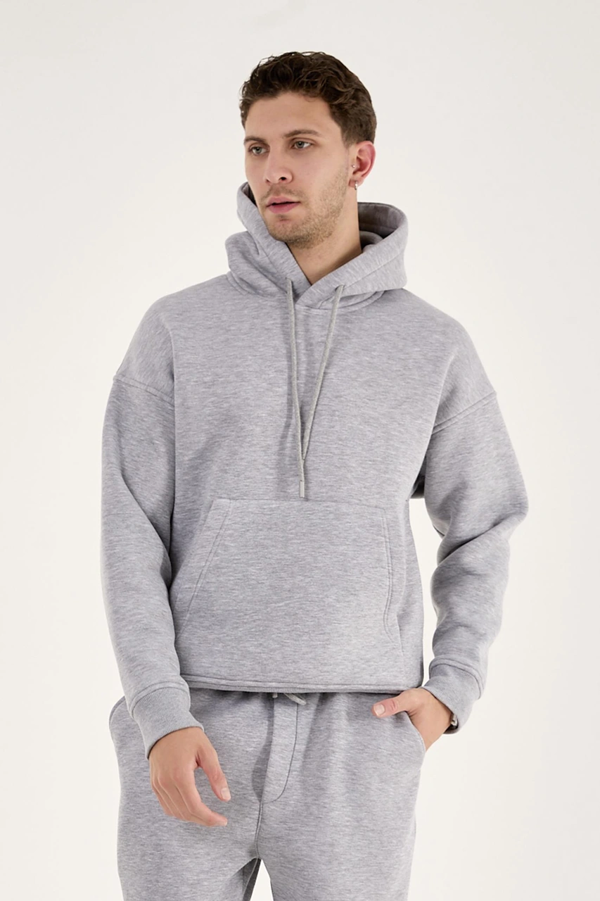 Q-4008 Kapüşonlu Üç İp Şardonlu Sweat Gri