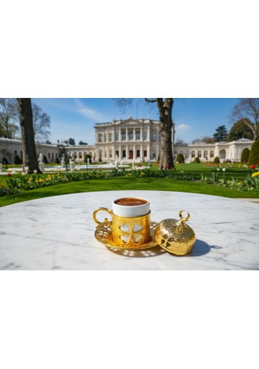 Yonca Desenli 6 Kişilik Porselenli Kapaklı 24 Parça Altın Renk Fincan Seti Altın