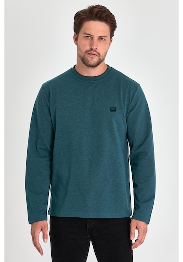 MMetalic Erkek Petrol Çift Bisiklet Yaka Baskı Detaylı Standart Rahat Kesim Sweatshirt Yeşil